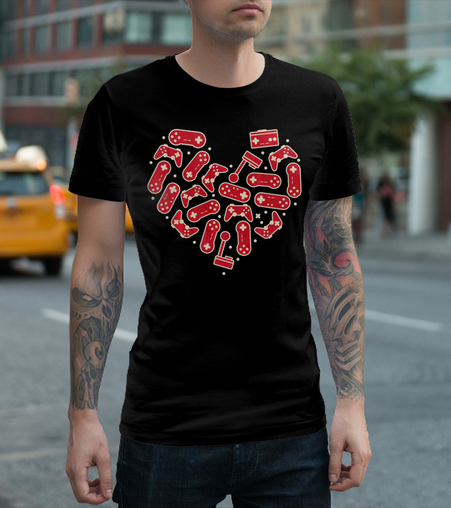 Gamer Valentines Day Couple Heart With Gaming Controllers And Joysticks T-Shirt