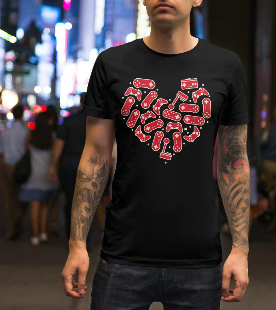 Gamer Valentines Day Couple Heart With Gaming Controllers And Joysticks T-Shirt