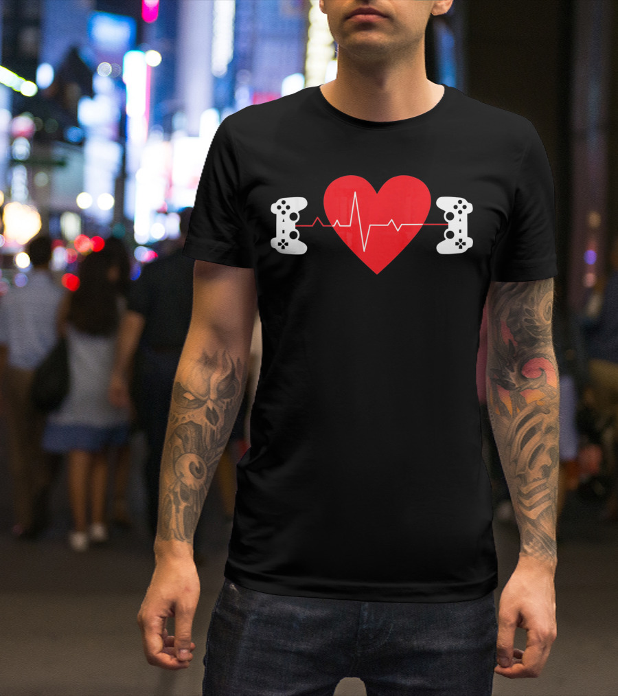 Gaming Valentine Hear Gamer Couple Controller Heartbeat T-Shirt