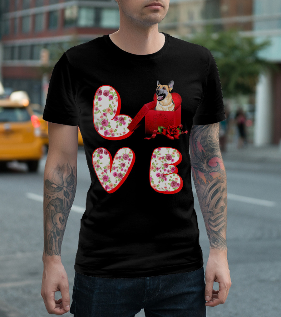 Valentine Love with German Shepherd in Floral Heart T-Shirt