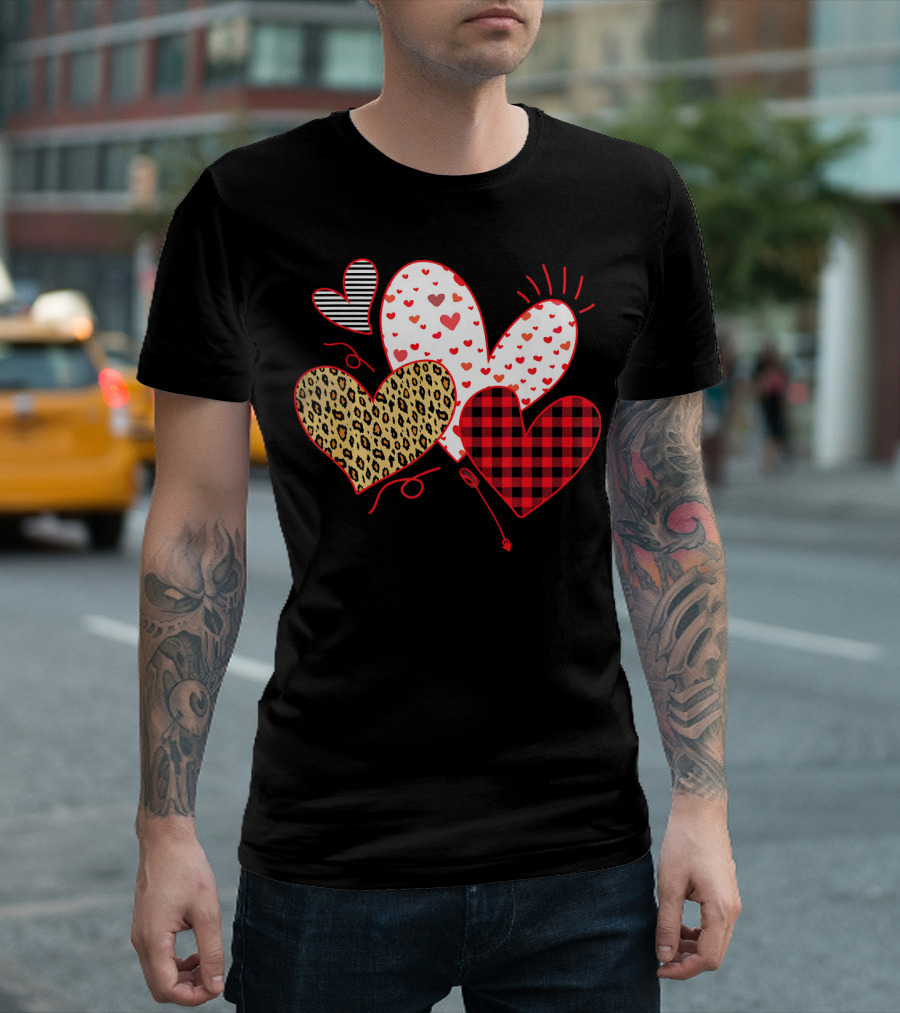 Girls Valentines Day Love Hearts Leopard Plaid T-Shirt