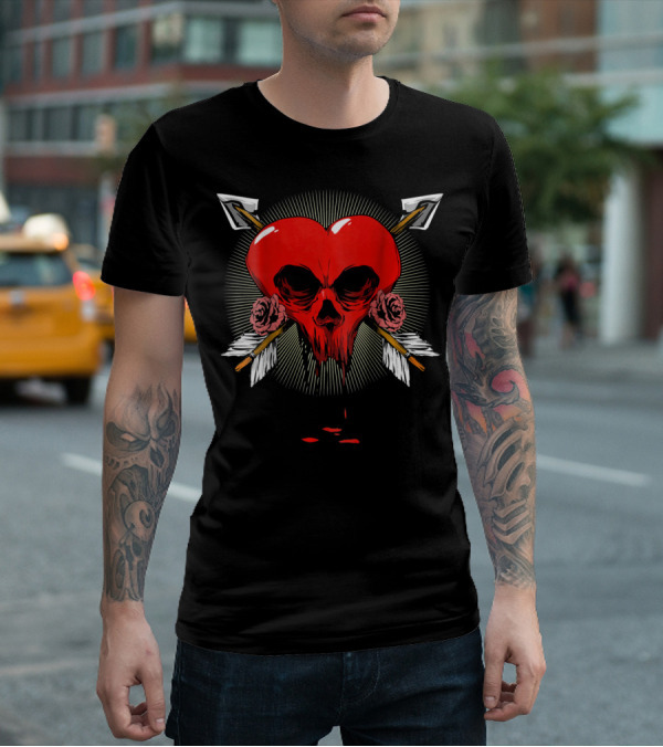 Gothic Heart Skull With Arrows And Roses Valentines Day T-Shirt