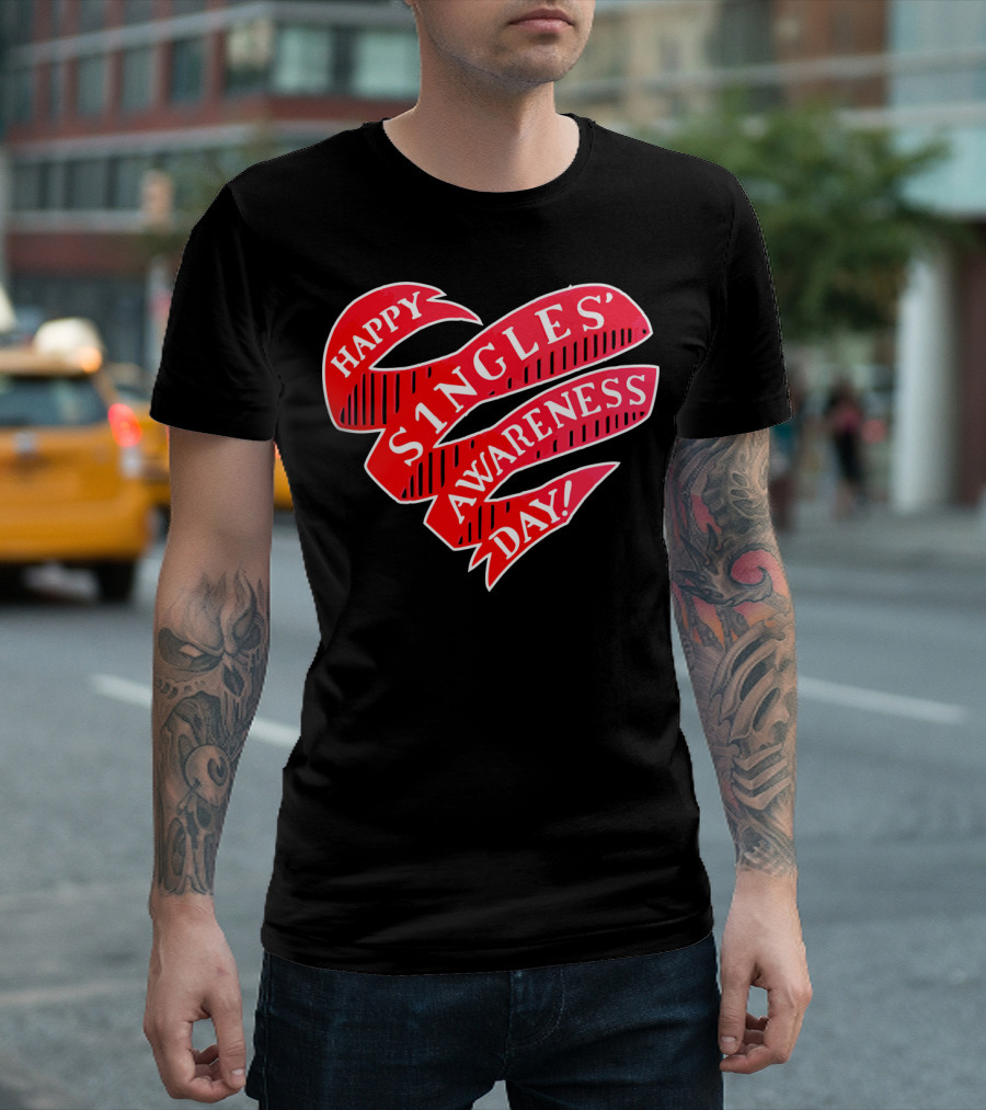 Happy Singles Awareness Day Red Ribbon Heart T-Shirt