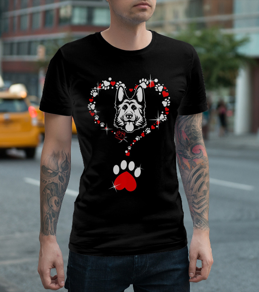 Happy Valentine German Shepherd Dog Heart Paw Prints T-Shirt