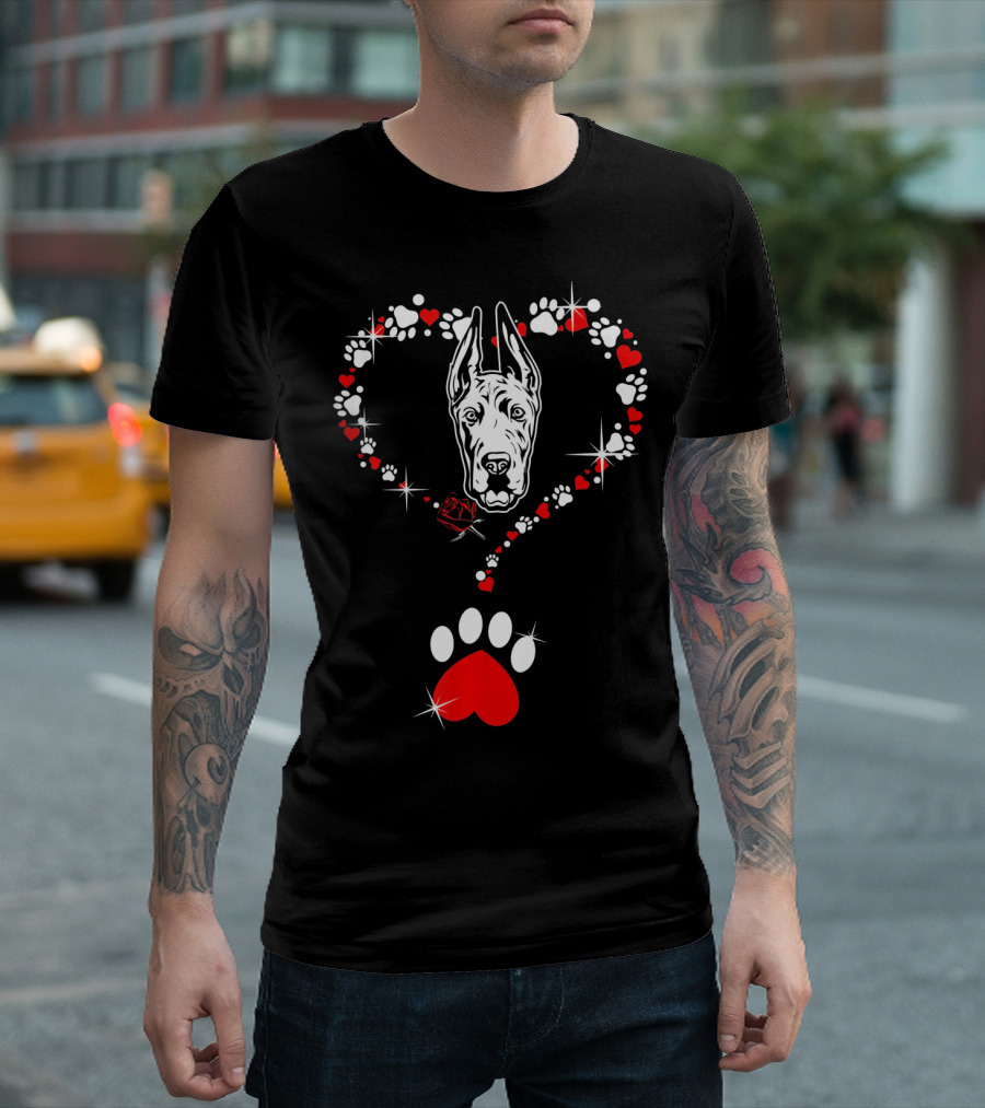 Happy Valentine Great Dane Dog Heart Pawprint T-Shirt