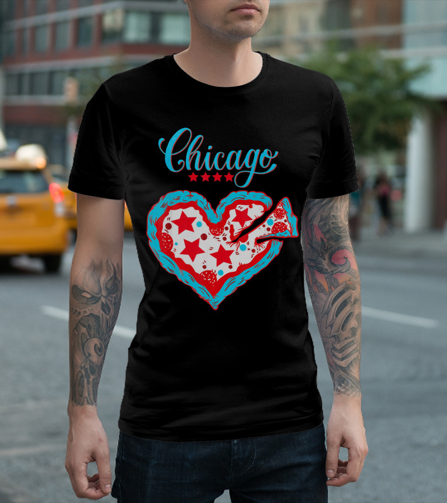 Chicago Heart Pizza Stars Valentines Day T-Shirt