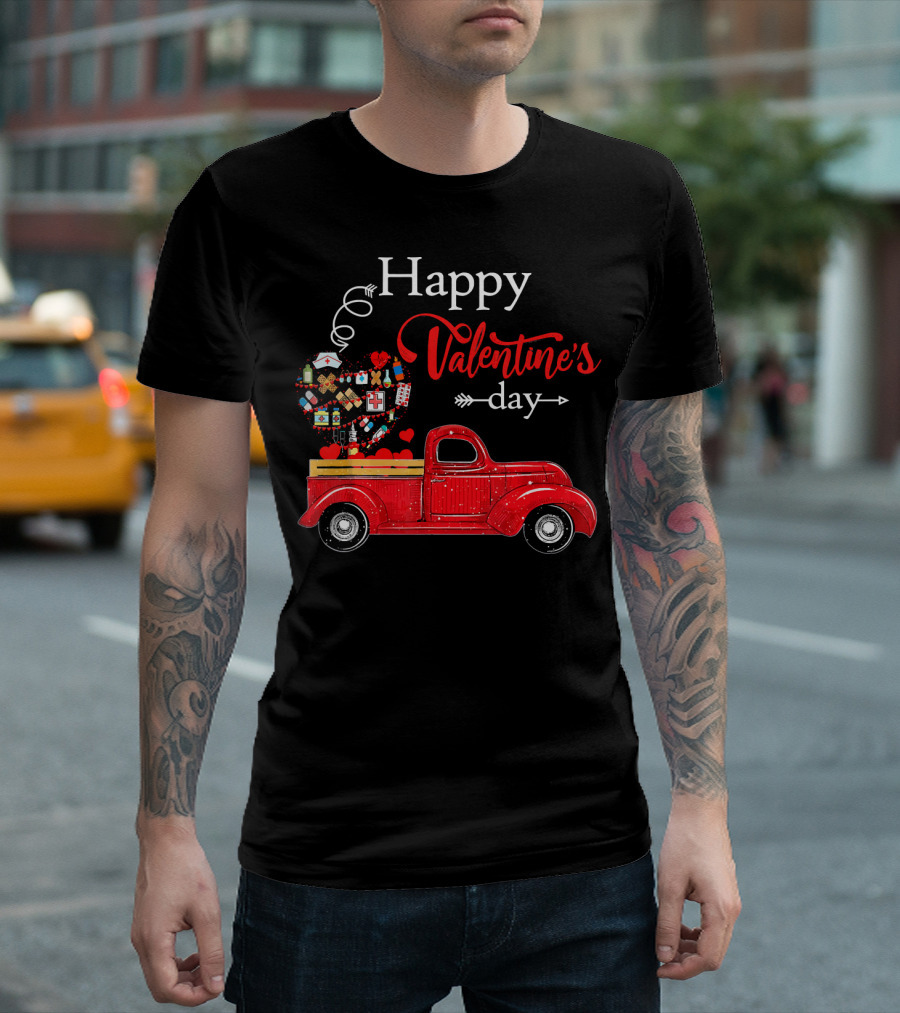 Happy Valentine's Day Red Truck with Heart-Shaped Balloons and Gifts T-Shirt