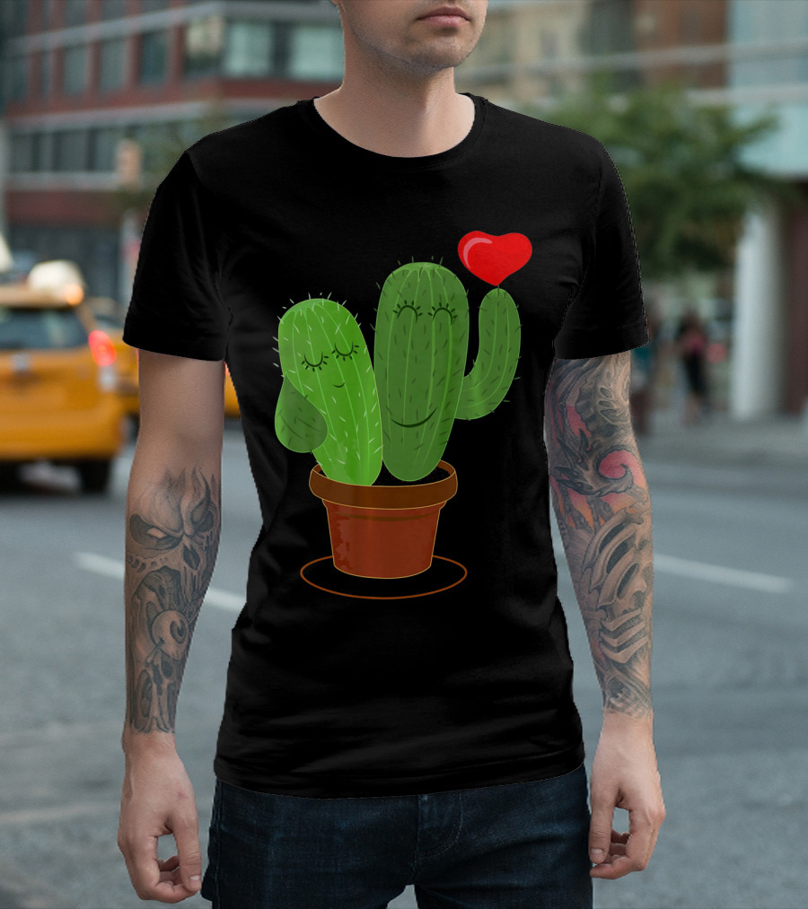 Smiling Cactus Couple with Heart Balloon for Cacti Lovers T-Shirt