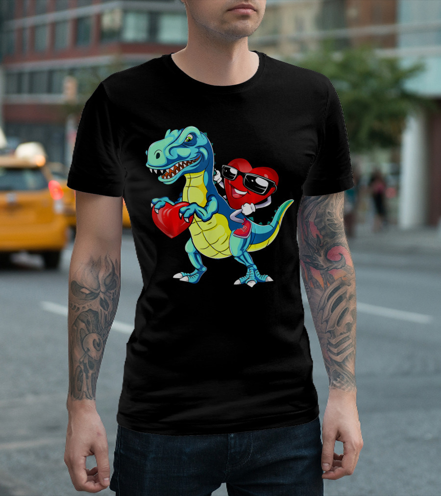Valentine Heart with Sunglasses Riding Dinosaur with Heart T-Shirt