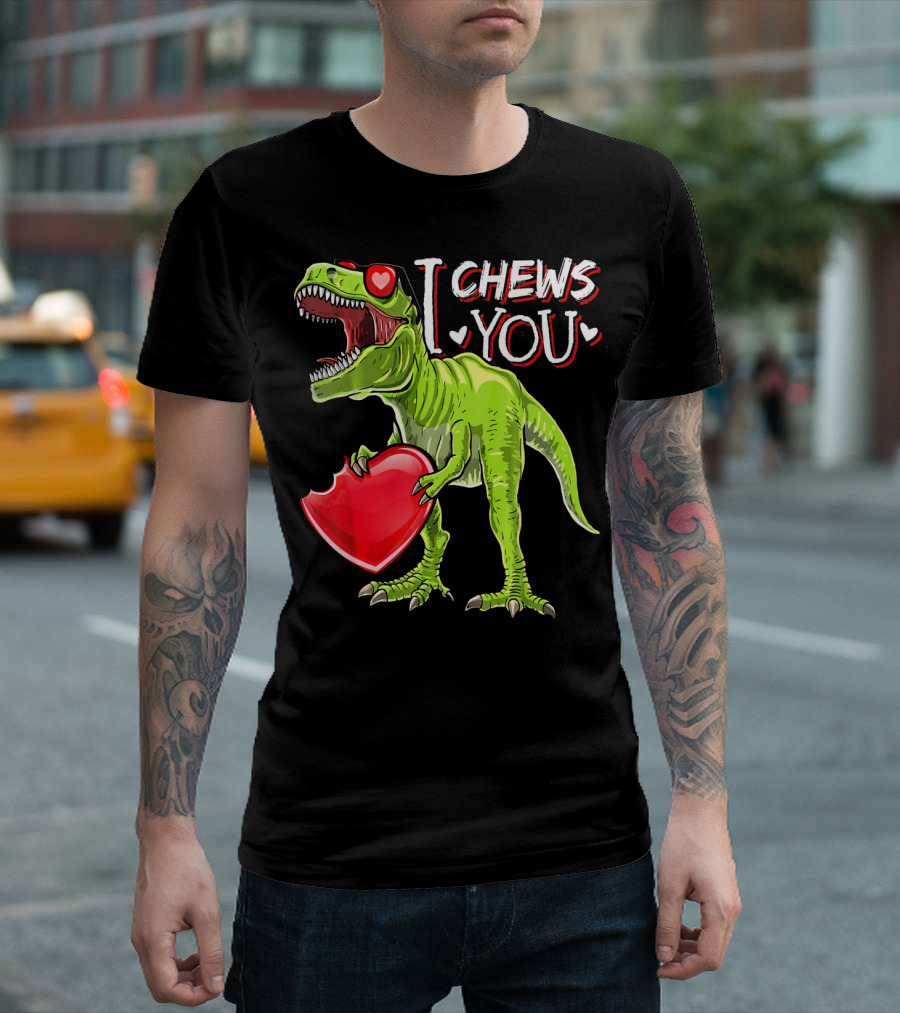 I Chews You Valentine Rex Dinosaur Holding Heart with Red Glasses T-Shirt