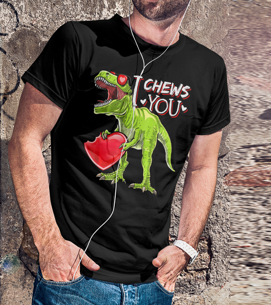 I Chews You Valentine Rex Dinosaur Holding Heart With Red Glasses T-Shirt