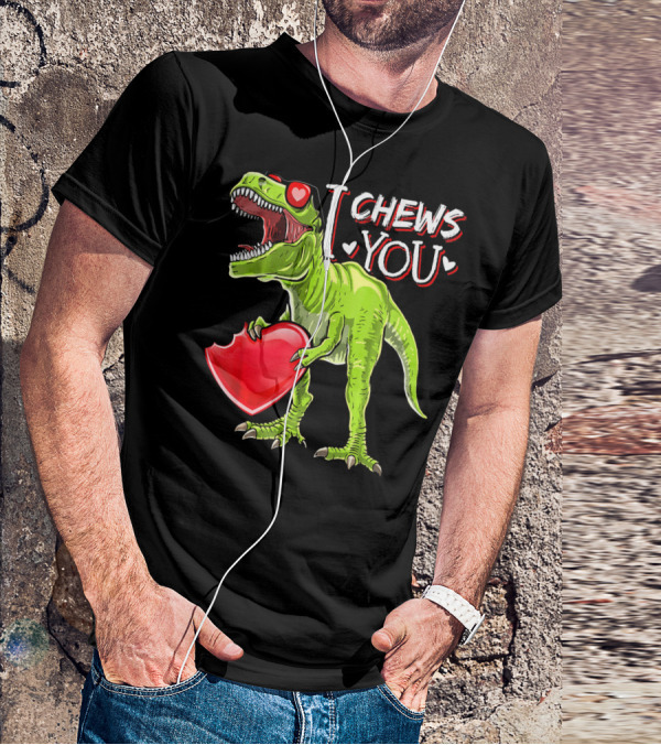 I Chews You Valentine Rex Dinosaur Holding Heart With Red Glasses T-Shirt