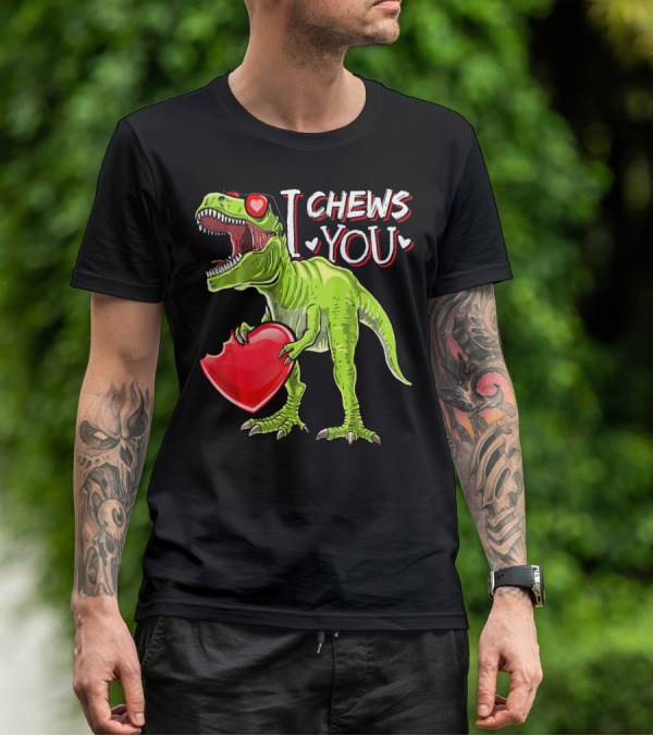 I Chews You Valentine Rex Dinosaur Holding Heart With Red Glasses T-Shirt