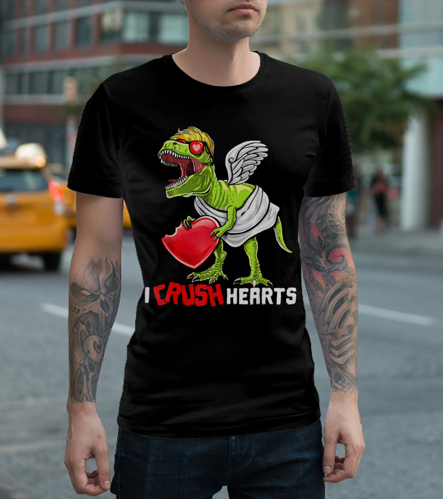 I Crush Hearts Valentine Day T-Rex with Wings and Heart T-Shirt