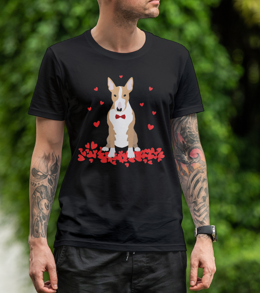 I Love My Bull Terrier Valentine Surrounded By Hearts And Red Bow Tie T-Shirt
