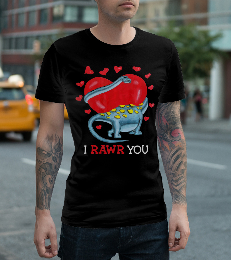 I Rawr You Funny Valentines Day Dinosaur with Hearts and Blue Dinosaur Hugging Red Heart T-Shirt