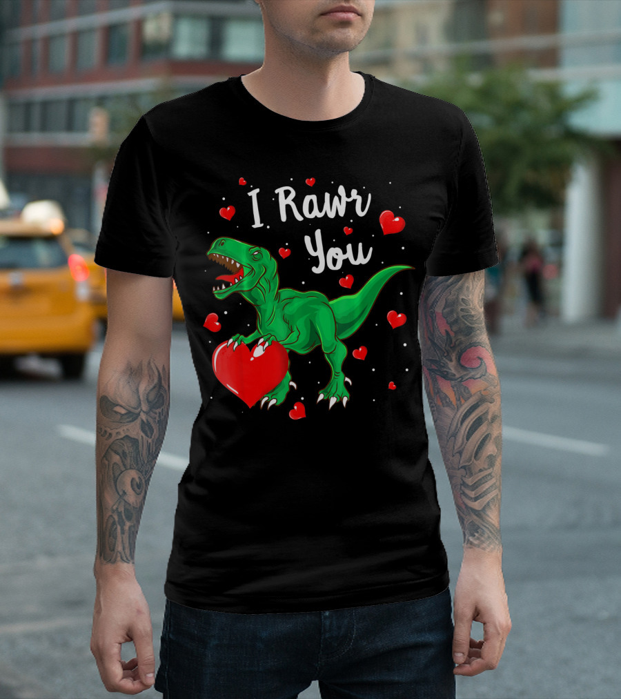 I Rawr You Dinosaur Valentine Green T-Rex With Red Hearts T-Shirt