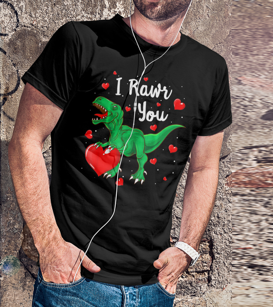 I Rawr You Dinosaur Valentine Green T-Rex With Red Hearts T-Shirt