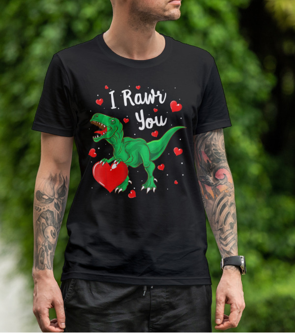 I Rawr You Dinosaur Valentine Green T-Rex With Red Hearts T-Shirt
