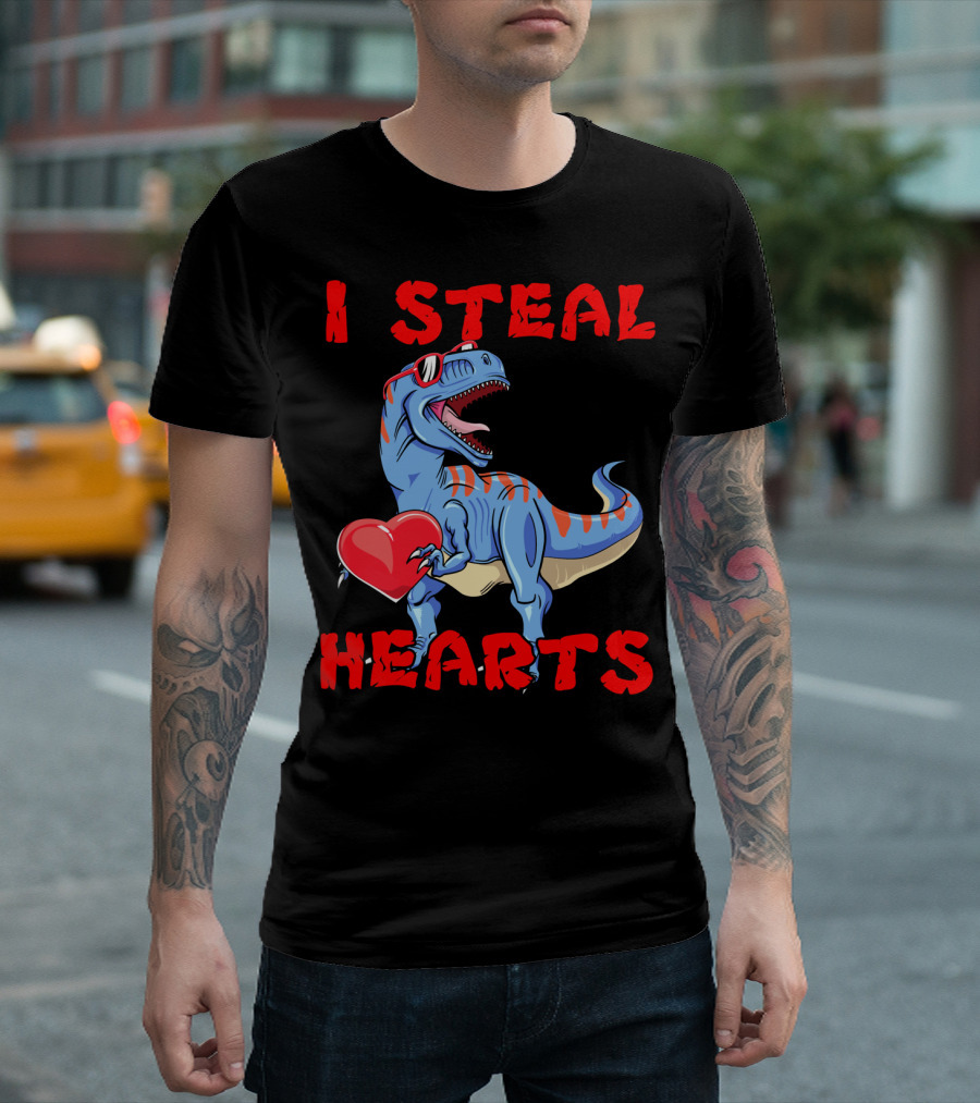 I Steal Hearts Dinosaur Valentines Red Heart Sunglasses T-Shirt