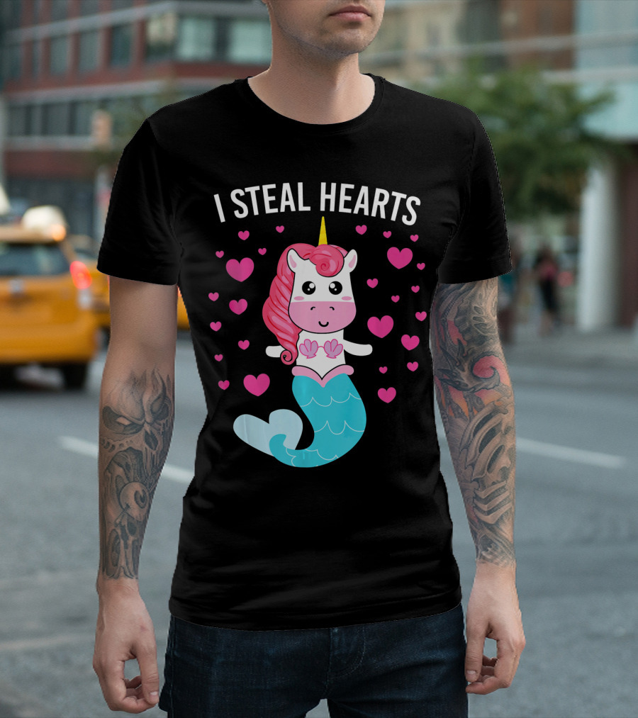 I Steal Hearts Cute Mermaid Unicorn Valentine Hearts T-Shirt