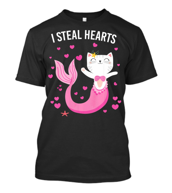 I Steal Hearts Purrmaid Cat Mermaid With Pink Hearts T-Shirt