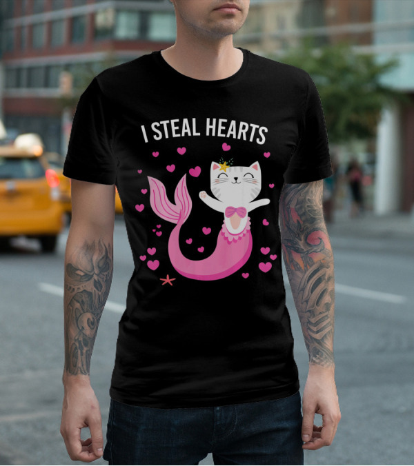 I Steal Hearts Purrmaid Cat Mermaid With Pink Hearts T-Shirt