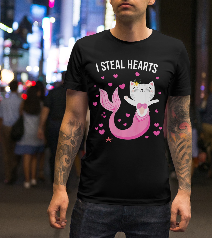 I Steal Hearts Purrmaid Cat Mermaid With Pink Hearts T-Shirt