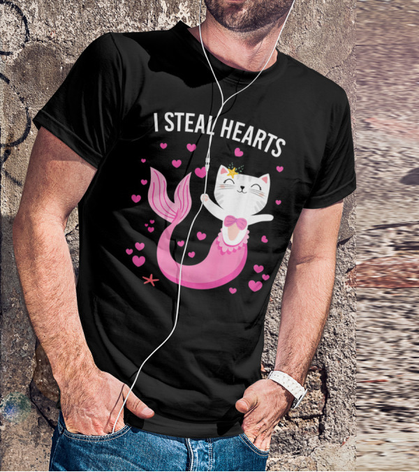 I Steal Hearts Purrmaid Cat Mermaid With Pink Hearts T-Shirt