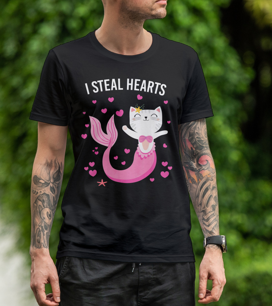 I Steal Hearts Purrmaid Cat Mermaid With Pink Hearts T-Shirt