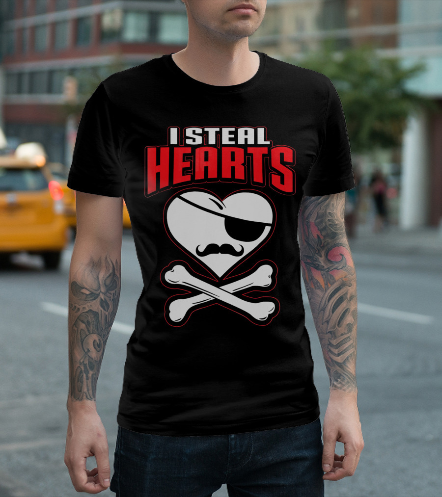 I Steal Hearts Pirate Mustache Crossbones Valentine T-Shirt
