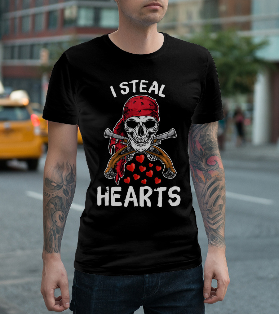 I Steal Hearts Valentines Day Pirate Skull Bandana Guns Hearts T-Shirt