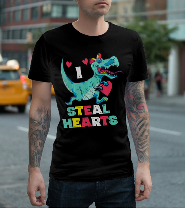 I Steal Hearts Valentine Dinosaur With Red Heart And Cute Hearts T-Shirt