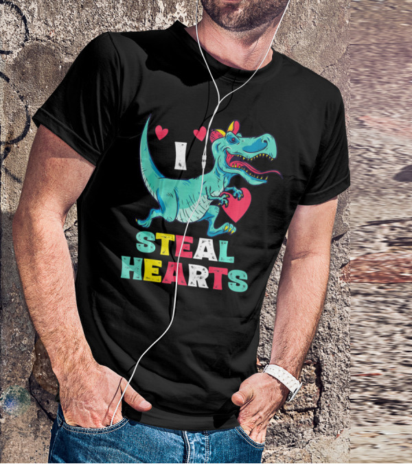 I Steal Hearts Valentine Dinosaur With Red Heart And Cute Hearts T-Shirt