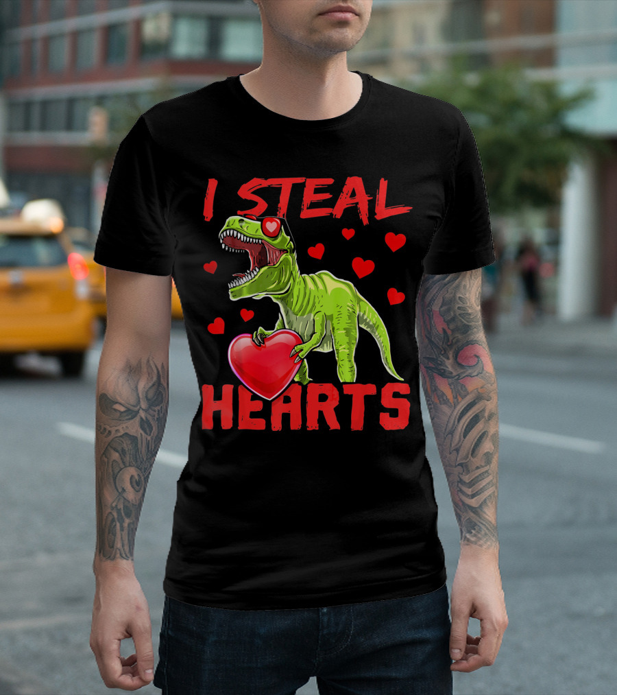 I Steal Hearts Valentines Day Rex Dino Holding Heart Surrounded by Hearts T-Shirt