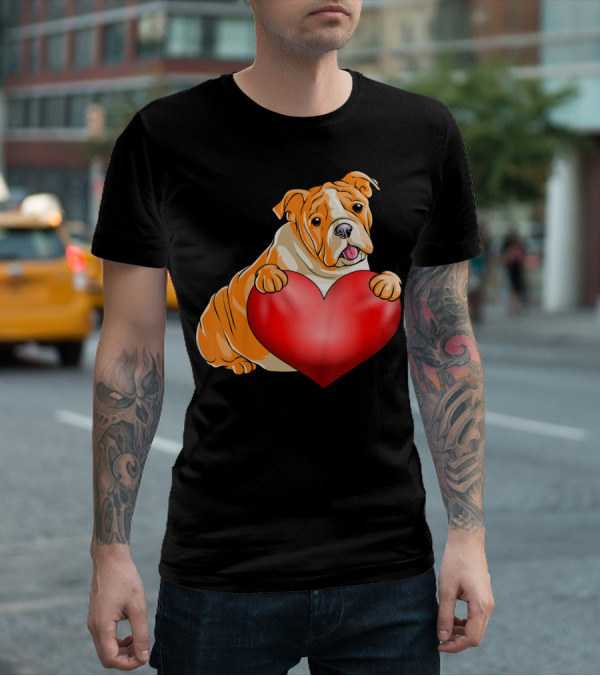 Kids Valentines Day Bulldog Heart Dog T-Shirt