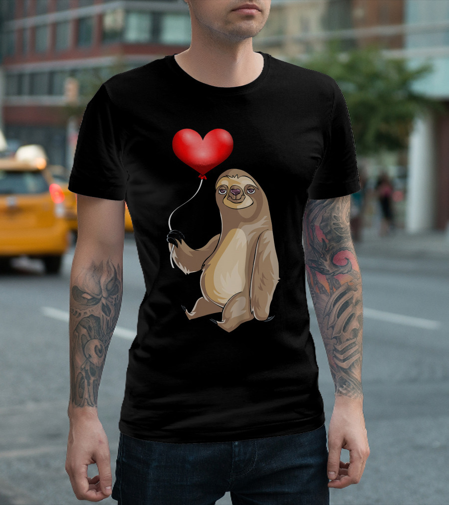 Kids Valentines Day Sloth Holding Heart Balloon T-Shirt