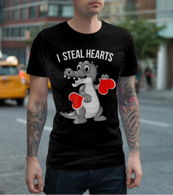 Kids Valentines Day I Steal Hearts Crocodile Holding Red Hearts T-Shirt