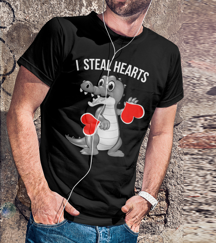 Kids Valentines Day I Steal Hearts Crocodile Holding Red Hearts T-Shirt