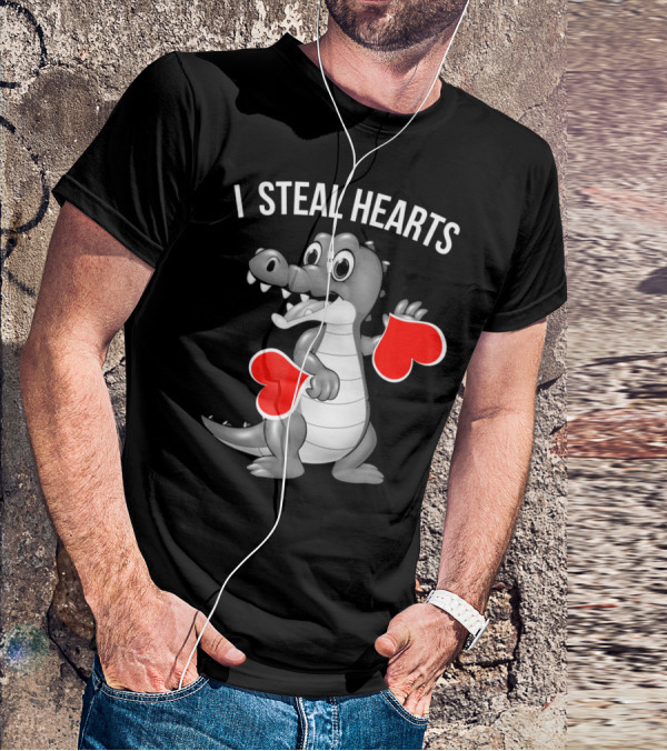 Kids Valentines Day I Steal Hearts Crocodile Holding Red Hearts T-Shirt