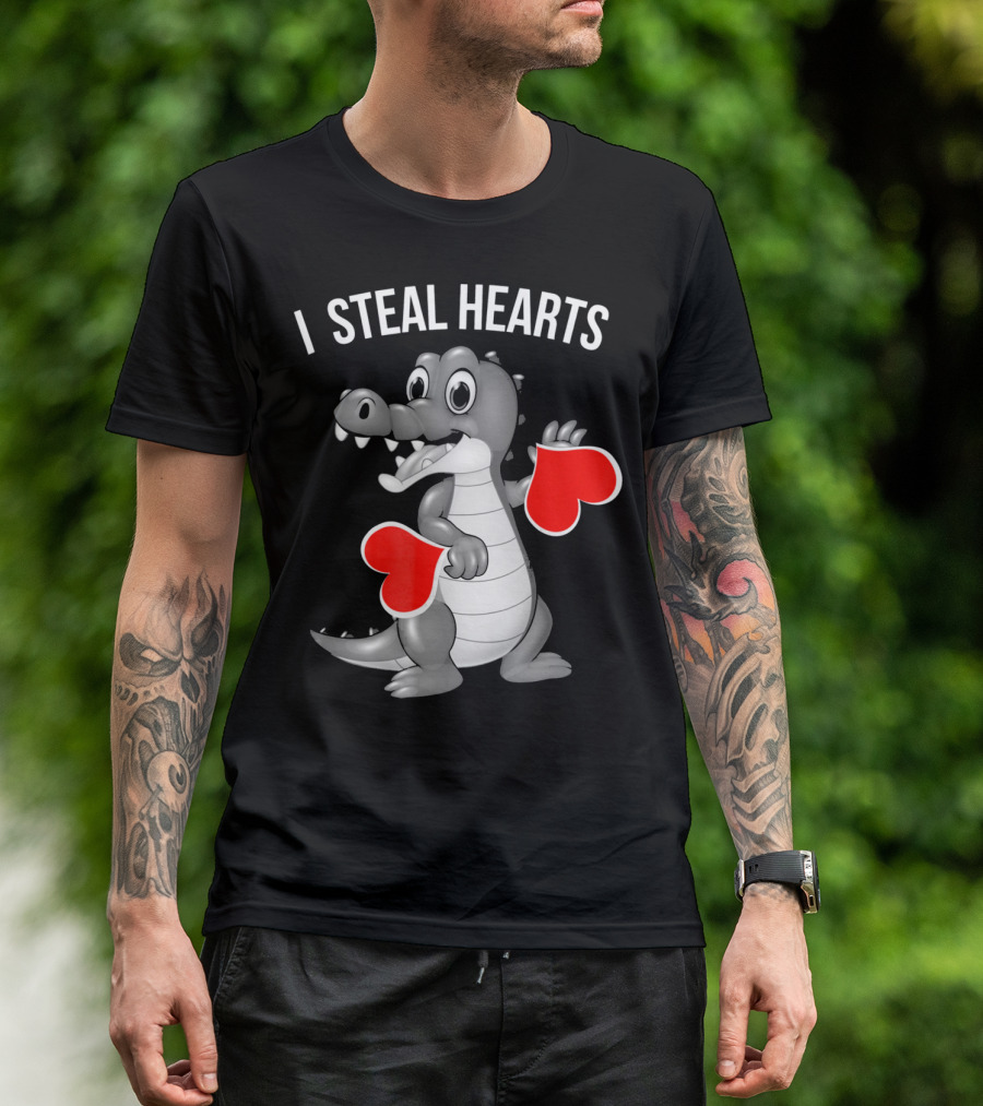 Kids Valentines Day I Steal Hearts Crocodile Holding Red Hearts T-Shirt