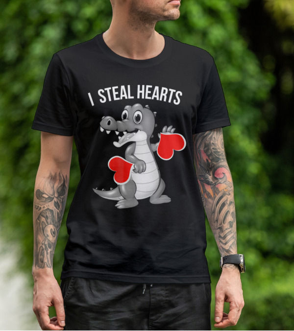 Kids Valentines Day I Steal Hearts Crocodile Holding Red Hearts T-Shirt