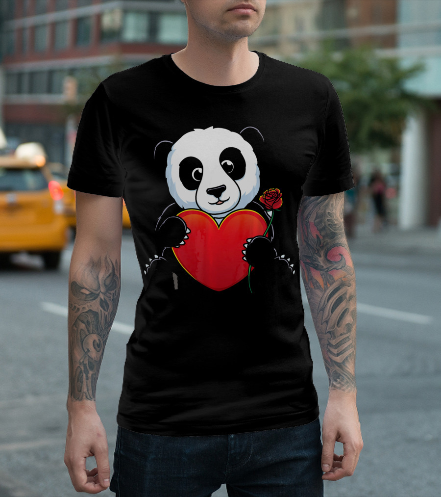 Panda Bear Holding Heart And Rose Valentines Day Love T-Shirt