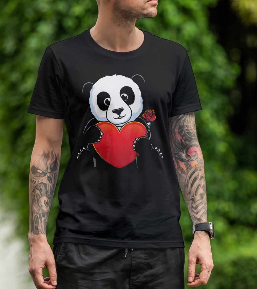 Panda Bear Holding Heart And Rose Valentines Day Love T-Shirt