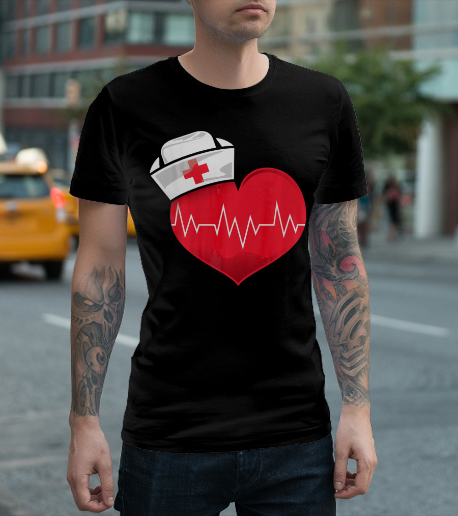 Nurse Heartbeat Valentine Costume with White Nurse Hat and Red Heartbeat Line T-Shirt