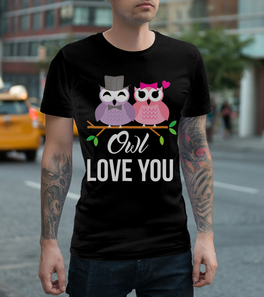 Owl Love You Valentines Pink and Purple Owls with Hats and Heart T-Shirt