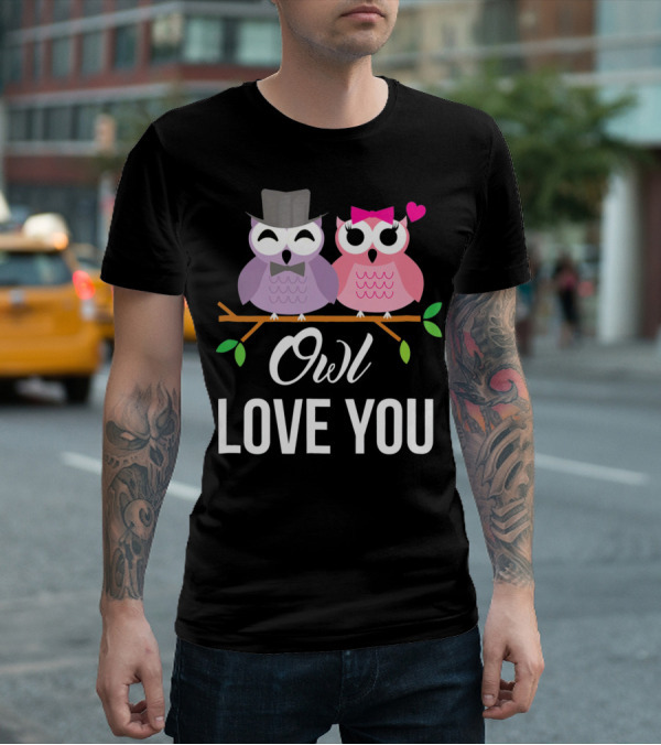 Owl Love You Valentines Pink And Purple Owls With Hats And Heart T-Shirt