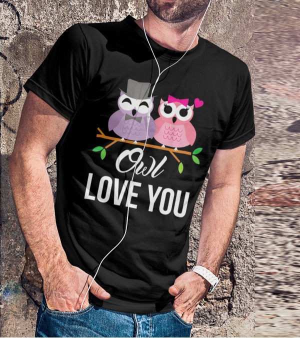Owl Love You Valentines Pink And Purple Owls With Hats And Heart T-Shirt