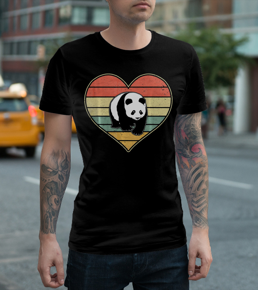 Panda Bear Vintage Heart Retro Stripes T-Shirt