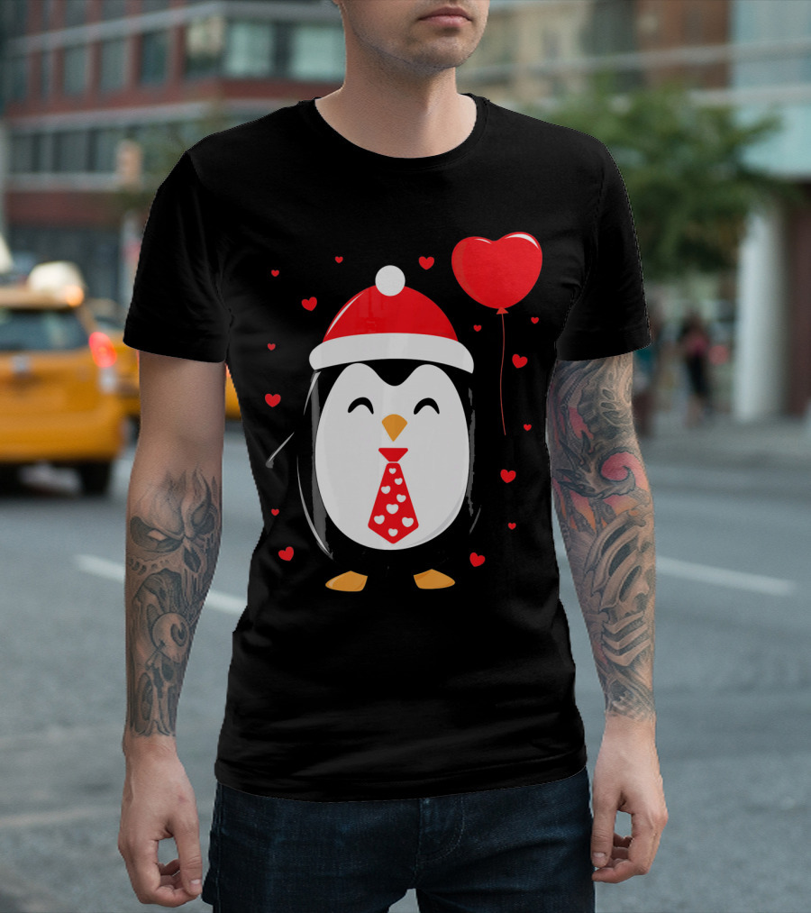 Penguin Valentines Day Heart Balloon Santa Hat and Hearts T-Shirt